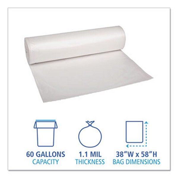 Boardwalk® Low Density Repro Can Liners, 60 Gal, 1.1 Mil, 38" X 58", Clear, 10 Bags/roll, 10 Rolls/carton