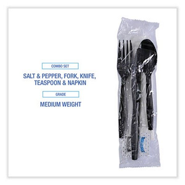 Boardwalk® Six-Piece Cutlery Kit, Condiment/fork/knife/napkin/teaspoon, Black, 250/carton