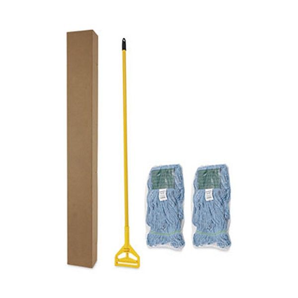 Boardwalk® Looped End Mop Kit, Medium Blue Cotton/Rayon/Synthetic Head, 60" Yellow Metal/Polypropylene Handle