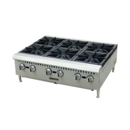 Eco Series BDCTH-36 Hotplate, Countertop, 36" Wide, (6) Manual Cast Iron Burner Controls, (2) Stainless Drip Trays