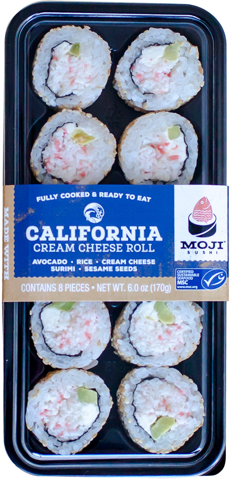 Moji Sushi California Cream Cheese Roll Ctavocado Rice Surimi Sesame Seeds 6 Ounce Size -