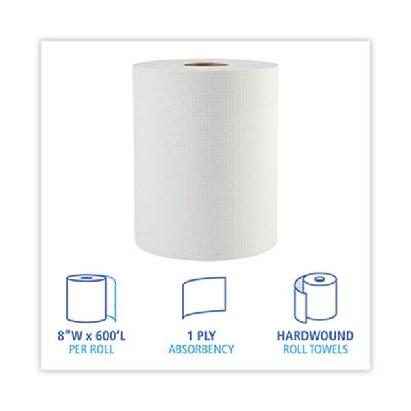 Boardwalk® Hardwound Paper Towels, 1-Ply, 8" X 600 Ft, White, 2" Core, 12 Rolls/carton