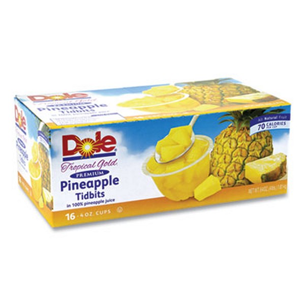 Dole Tropical Gold Premium Pineapple Tidbits, 4 Bowls, 16 Bowls/carton