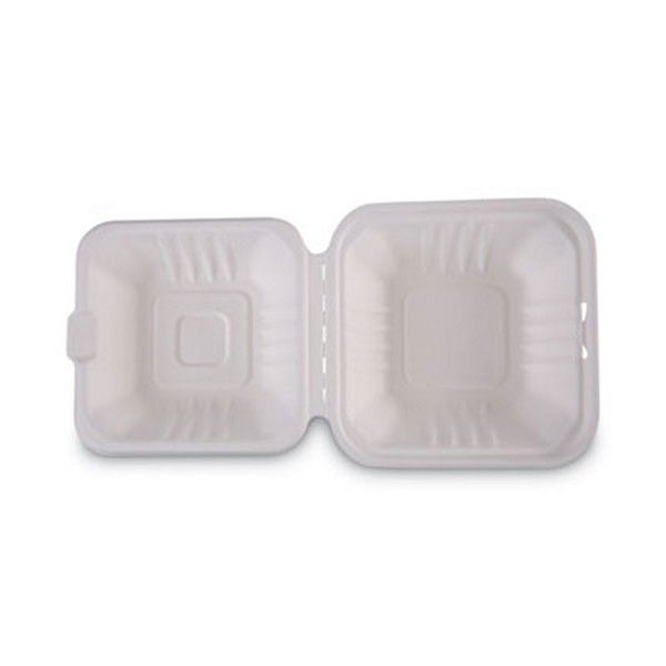 Boardwalk® Bagasse Food Containers, Hinged-Lid, 1-Compartment 6 X 6 X 3.19, White, 125/sleeve, 4 Sleeves/carton