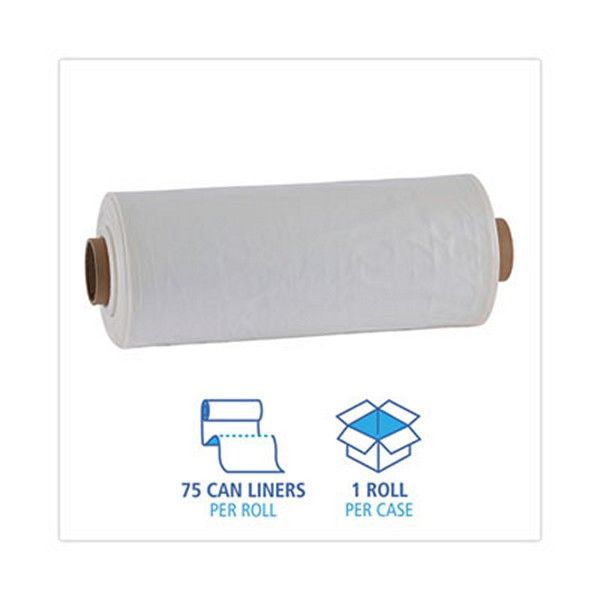 Boardwalk® Industrial Drum Liners Rolls, 60 Gal, 1.8 Mil, 38 X 63, Clear, 1 Roll Of 75 Bags