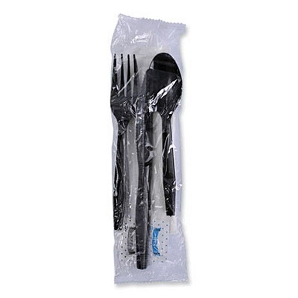 Boardwalk® Six-Piece Cutlery Kit, Condiment/fork/knife/napkin/teaspoon, Black, 250/carton