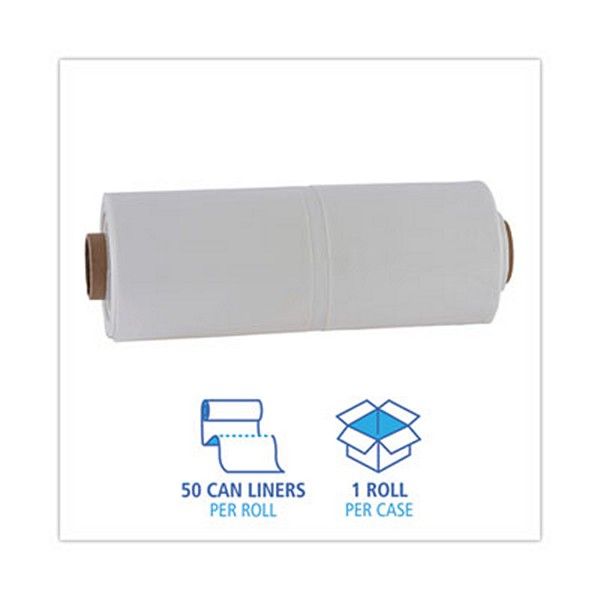 Boardwalk® Industrial Drum Liners Rolls, 60 Gal, 2.7 Mil, 38 X 63, Clear, 1 Roll Of 50 Bags