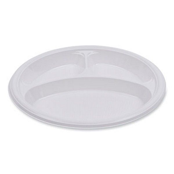 Boardwalk® Hi-Impact Plastic Dinnerware, Plate, 3-Compartment, 10" Dia, White, 500/carton