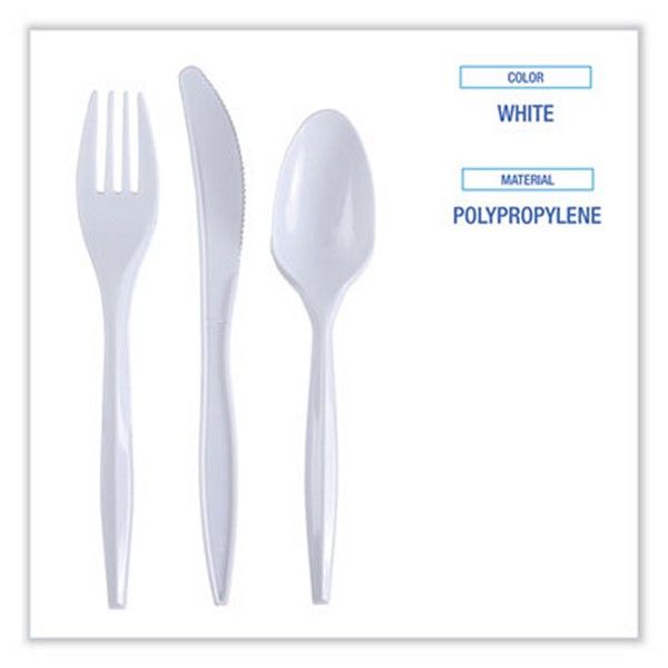 Boardwalk® Three-Piece Cutlery Kit, Fork/knife/teaspoon, Polypropylene, White, 250/carton