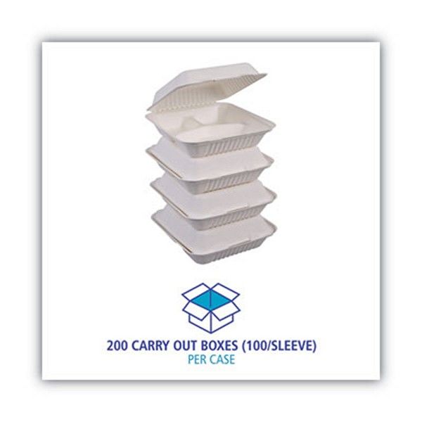 Boardwalk® Bagasse Food Containers, Hinged-Lid, 3-Compartment 9 X 9 X 3.19, White, 100/sleeve, 2 Sleeves/carton