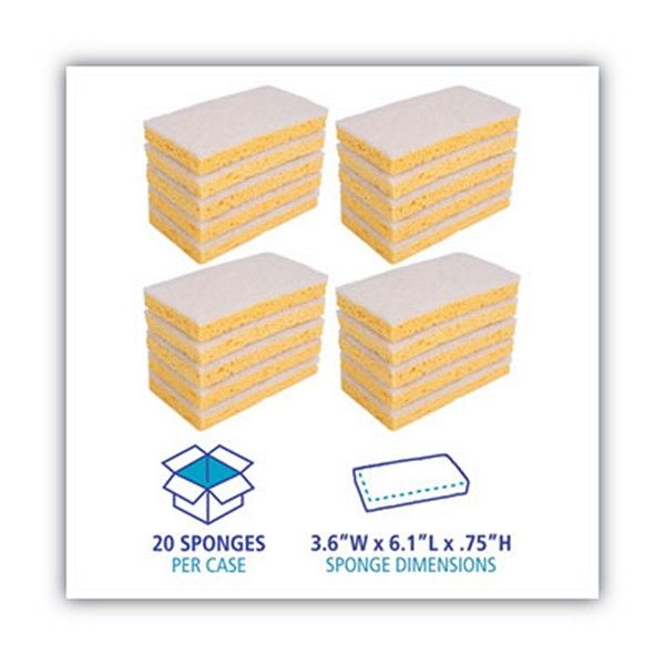 Boardwalk® Scrubbing Sponge, Light Duty, 3.6 X 6.1, 0.7" Thick, Yellow/white, Individually Wrapped, 20/carton