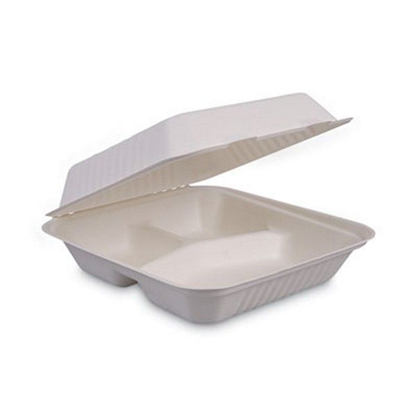 Boardwalk® Bagasse Food Containers, Hinged-Lid, 3-Compartment 9 X 9 X 3.19, White, 100/sleeve, 2 Sleeves/carton