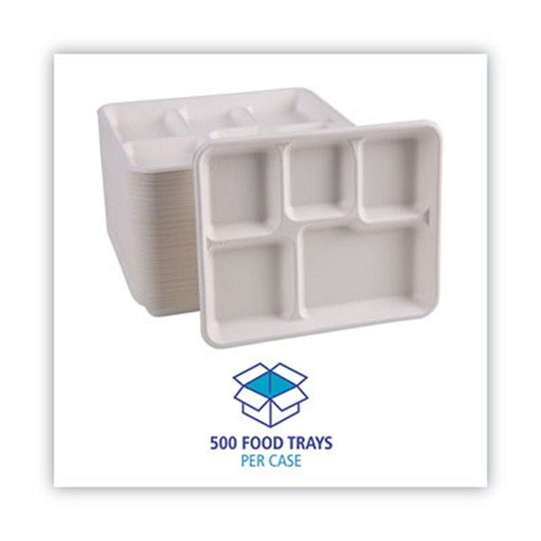 Boardwalk® Bagasse Dinnerware, 5-Compartment Tray, 10 x 8, White, 500/Carton