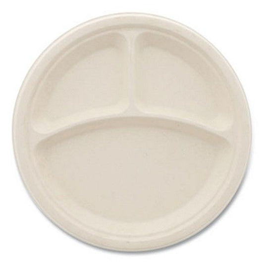 Boardwalk® Boardwalk Bagasse PFAS-Free Dinnerware, Plate, 10" dia, 3-Compartment, Tan, 500/Carton