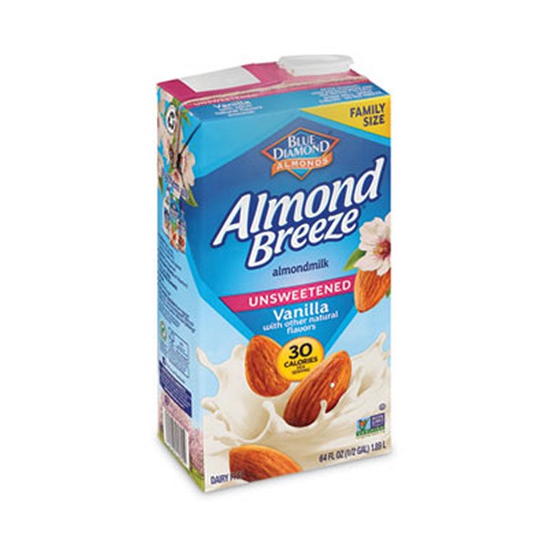 BlueDiamon Almond Breeze Almond Milk, Unsweetened Vanilla, 64 Carton, 2/Pack