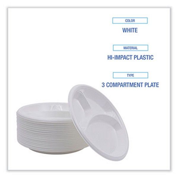 Boardwalk® Hi-Impact Plastic Dinnerware, Plate, 3-Compartment, 10" Dia, White, 500/carton