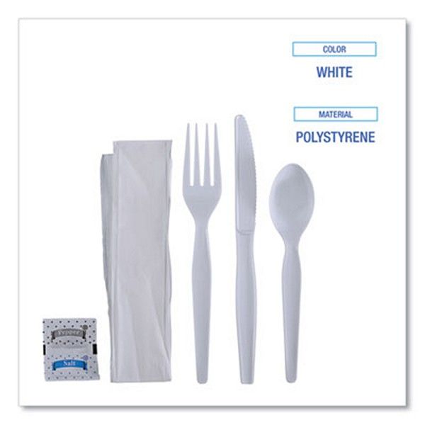 Boardwalk® Six-Piece Cutlery Kit, Condiment/fork/knife/napkin/spoon, Heavyweight, White, 250/carton