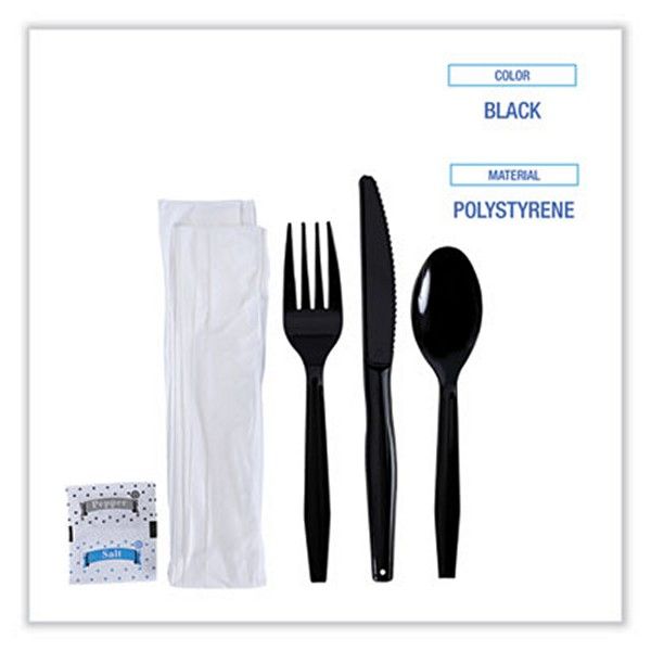 Boardwalk® Six-Piece Cutlery Kit, Condiment/fork/knife/napkin/teaspoon, Black, 250/carton