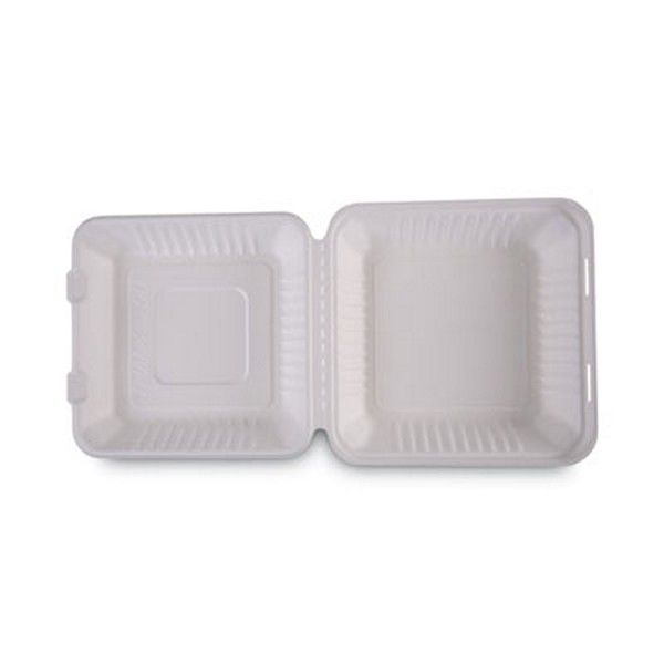 Boardwalk® Bagasse Food Containers, Hinged-Lid, 1-Compartment 9 X 9 X 3.19, White, 100/sleeve, 2 Sleeves/carton