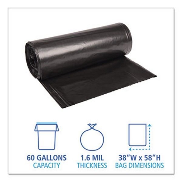 Boardwalk® Low Density Repro Can Liners, 60 Gal, 1.6 Mil, 38" X 58", Black, 10 Bags/roll, 10 Rolls/carton