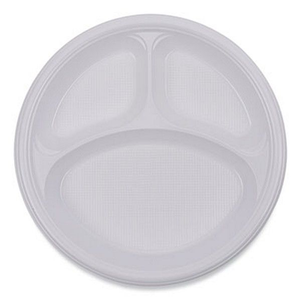 Boardwalk® Hi-Impact Plastic Dinnerware, Plate, 3-Compartment, 10" Dia, White, 500/carton