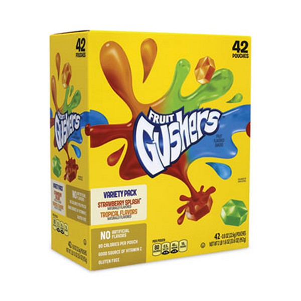 Bettycrock Fruit Gushers Fruit Snacks, Strawberry and Tropical Fruit Flavors, 0.8 oz, 42 Pouches/Box