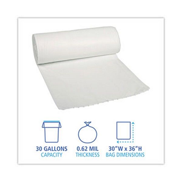 Boardwalk® Low Density Repro Can Liners, 30 gal, 0.62 mil, 30" x 36", White, 10 Bags/Roll, 20 Rolls/Carton