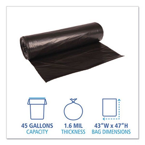 Boardwalk® Low Density Repro Can Liners, 56 Gal, 1.6 Mil, 43" X 47", Black, 10 Bags/roll, 10 Rolls/carton