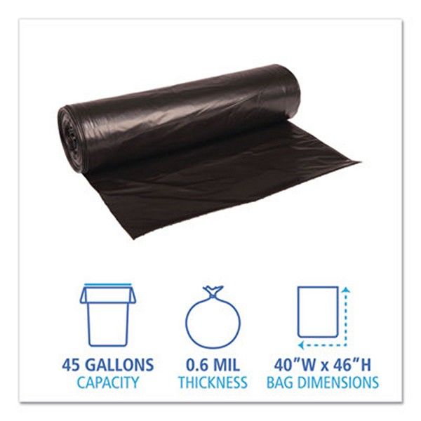 Boardwalk® Low-Density Waste Can Liners, 45 Gal, 0.6 Mil, 40" X 46", Black, 100/carton