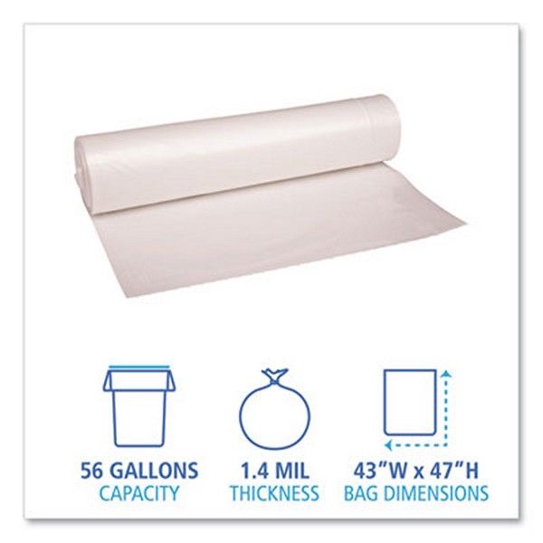 Boardwalk® Low Density Repro Can Liners, 56 Gal, 1.4 Mil, 43" X 47", Clear, 10 Bags/roll, 10 Rolls/carton