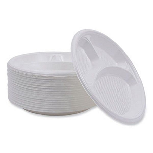 Boardwalk® Hi-Impact Plastic Dinnerware, Plate, 3-Compartment, 10" Dia, White, 500/carton