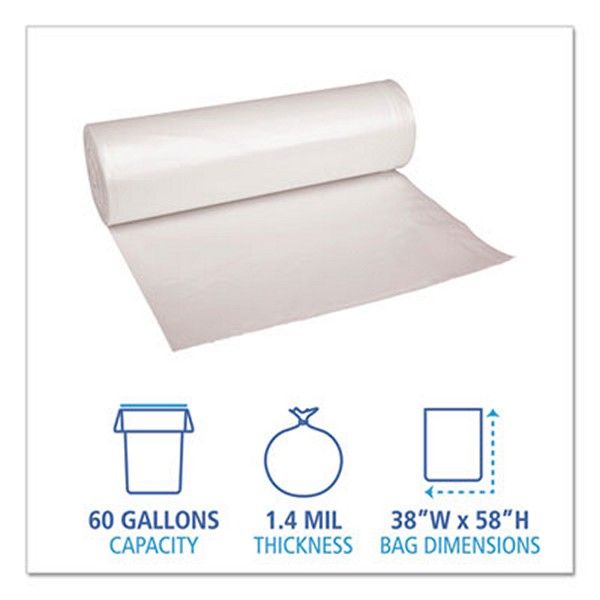 Boardwalk® Low Density Repro Can Liners, 60 Gal, 1.4 Mil, 38" X 58", Clear, 10 Bags/roll, 10 Rolls/carton