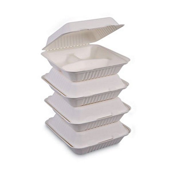 Boardwalk® Bagasse Food Containers, Hinged-Lid, 3-Compartment 9 X 9 X 3.19, White, 100/sleeve, 2 Sleeves/carton