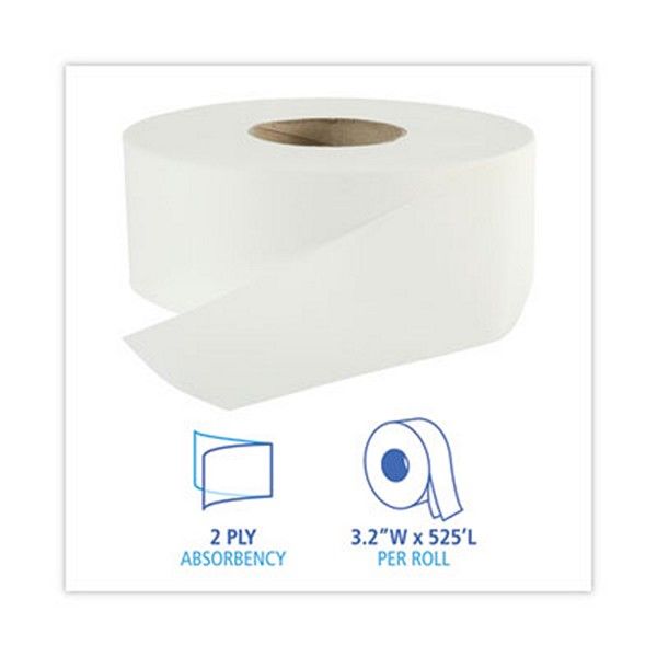 Boardwalk® Jumbo Roll Bathroom Tissue, Septic Safe, 2-Ply, White, 3.2" X 525 Ft, 12 Rolls/carton