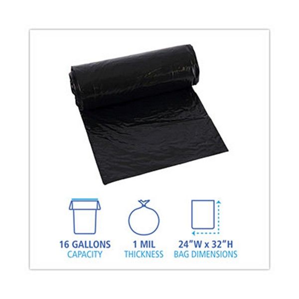 Boardwalk® Low-Density Waste Can Liners, 16 Gal, 1 Mil, 24 X 32, Black, 10 Bags/roll, 15 Rolls/carton