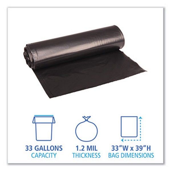 Boardwalk® Low Density Repro Can Liners, 33 Gal, 1.2 Mil, 33" X 39", Black, 10 Bags/roll, 10 Rolls/carton