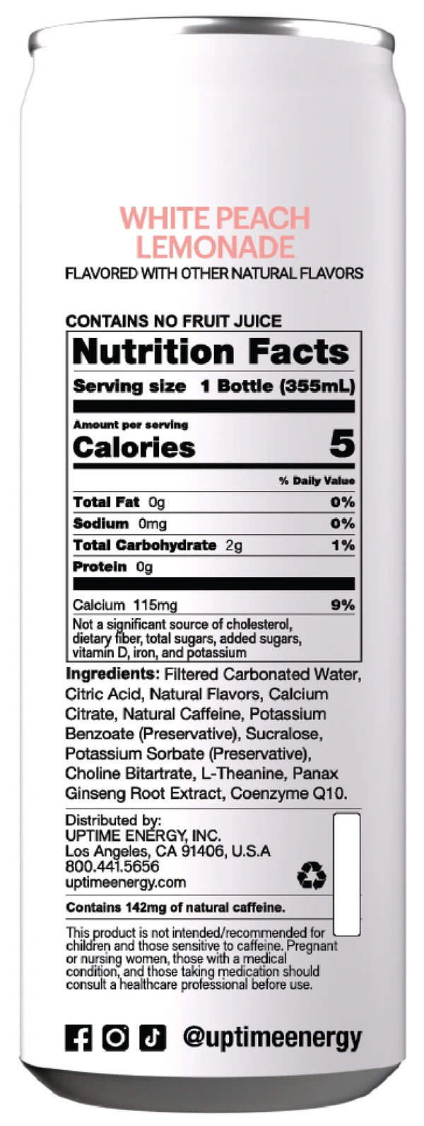 Uptime Energy - Energy Drink Wht Peach Lemon Sugar Free - Case of 12-12 FZ