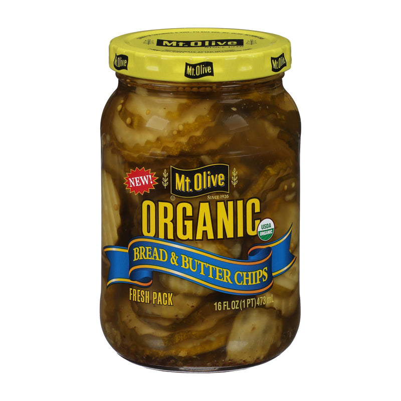 Mt Olive Pickle Co - Organic Pickles - Bread and Butter Chips - Case of 6 - 16 fl Ounce.