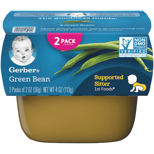 (2 Pack of 2 Oz) Gerber 1st Foods Green Bean Baby Food 4 Ounce Size - 8 Per Case.