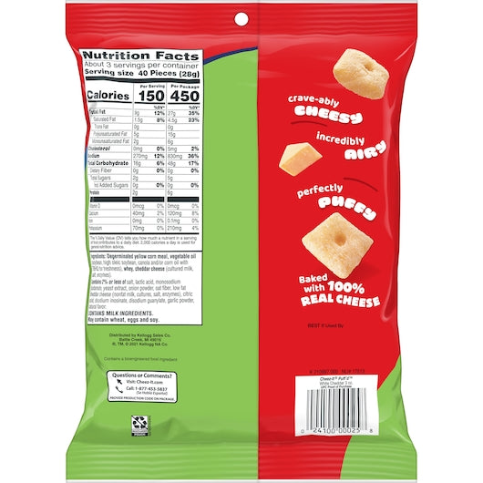 Kellogg's Cheez It Puffed White Cheddar, 3 Ounces - 6 Per Case.