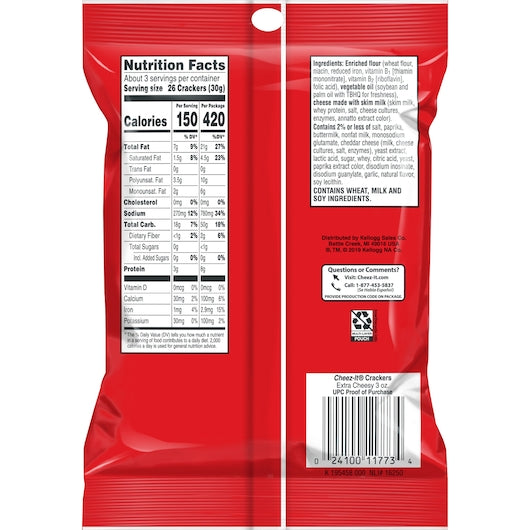 Kellogg's Cheez-It Crackers Extra Cheesy, 3 Ounces - 36 Per Case.