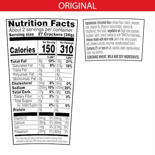 Kellogg's Cheez-It Original Crackers, 2.2 Ounces - 10 Per Case.