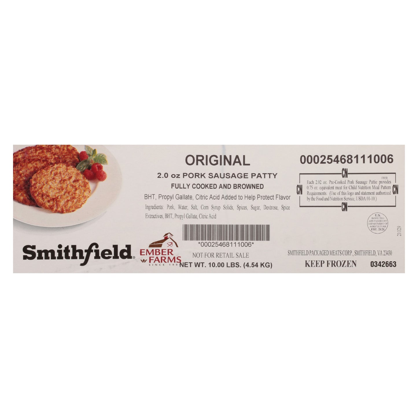 Sausage Patty Ember Farms Fully Cooked Original Child Nutrition 10.61 Pound Each - 1 Per Case.