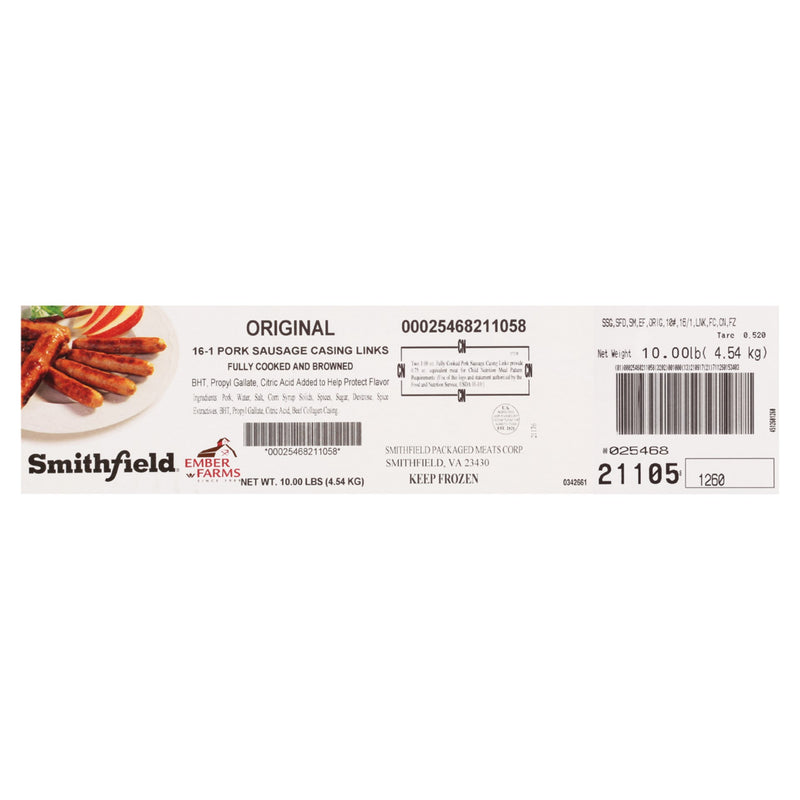 Sausage Link Ember Farms Fully Cooked Original Child Nutrition 10 Pound Each - 1 Per Case.