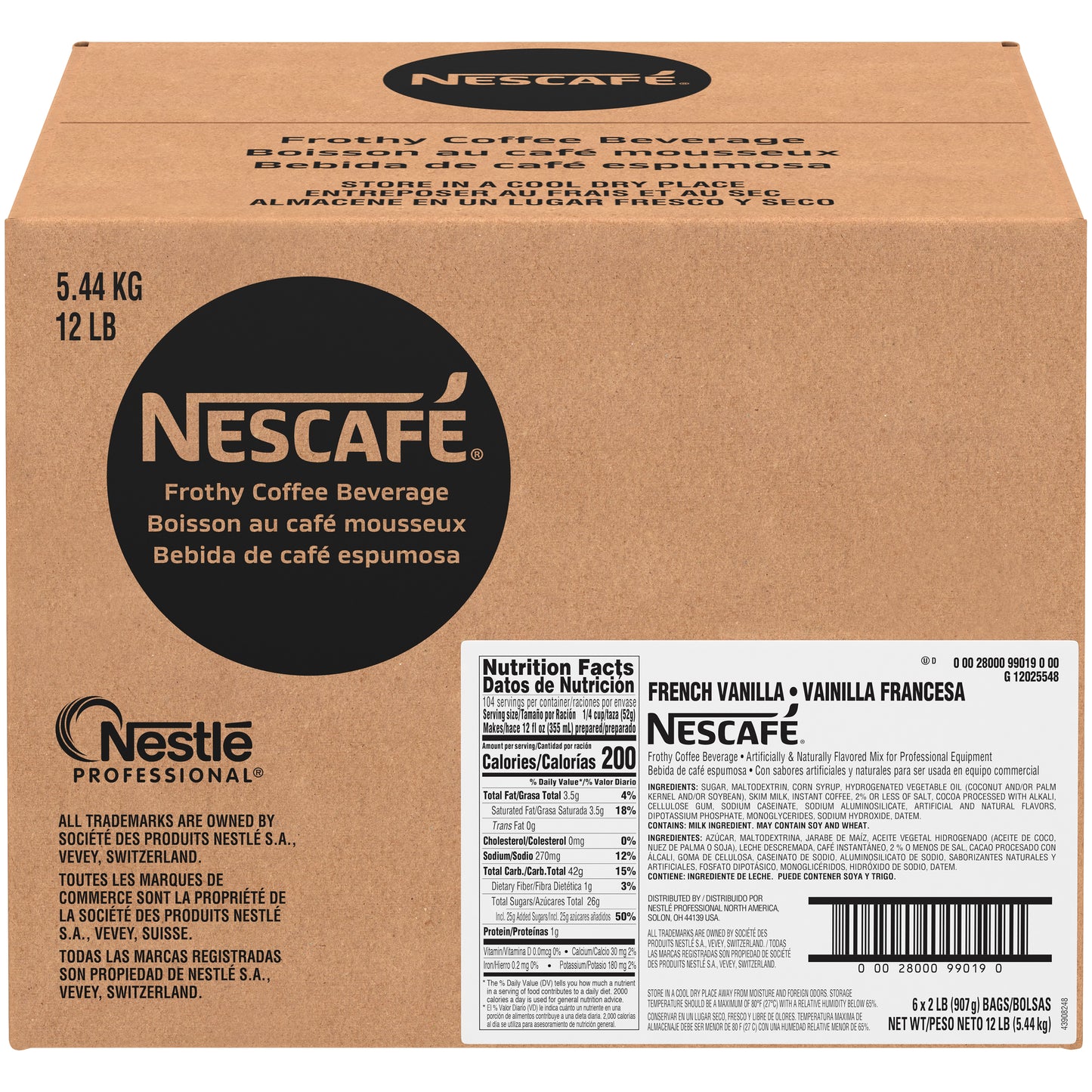 Nescafe Frothy Coffee Beverage French Vanilla Flavor 2 Pound Each - 6 Per Case.