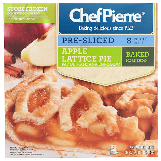 Chef Pierre Apple Lattice Pre-Sliced 8 Slices 10" Pie 2.125 Pound Each - 6 Per Case.