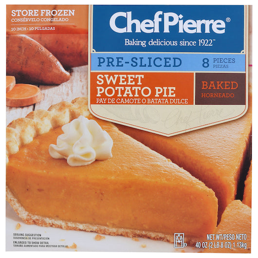 Chef Pierre Sweet Potato Pre-Sliced 8 Slices 10" Pie 2.5 Pound Each - 6 Per Case.