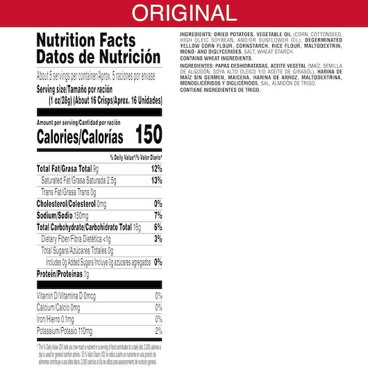 Pringles Original Potato Crisp, 5.2 Ounces - 14 Per Case.
