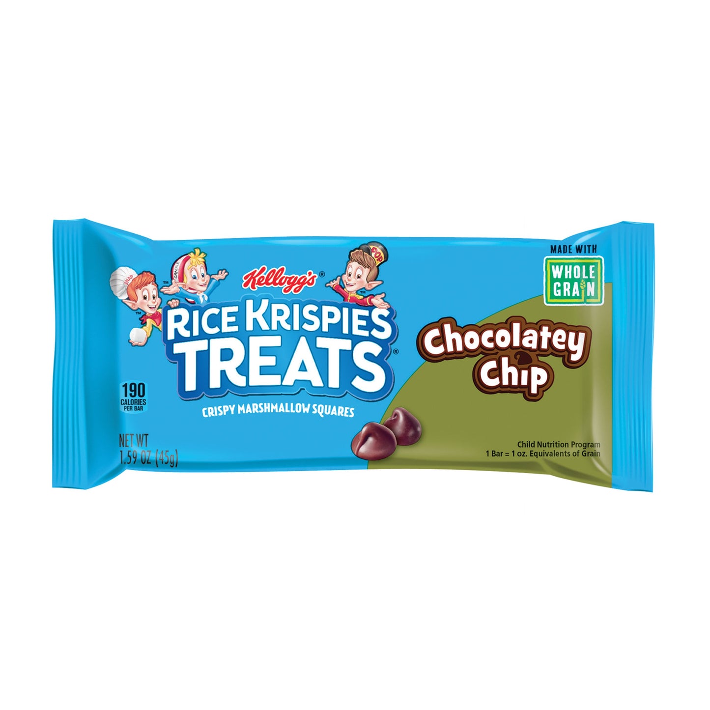 Kellogg's Rice Krispies Treats Squares Whole Grain Chocolate Chip 1.59 Ounce Size - 80 Per Case.