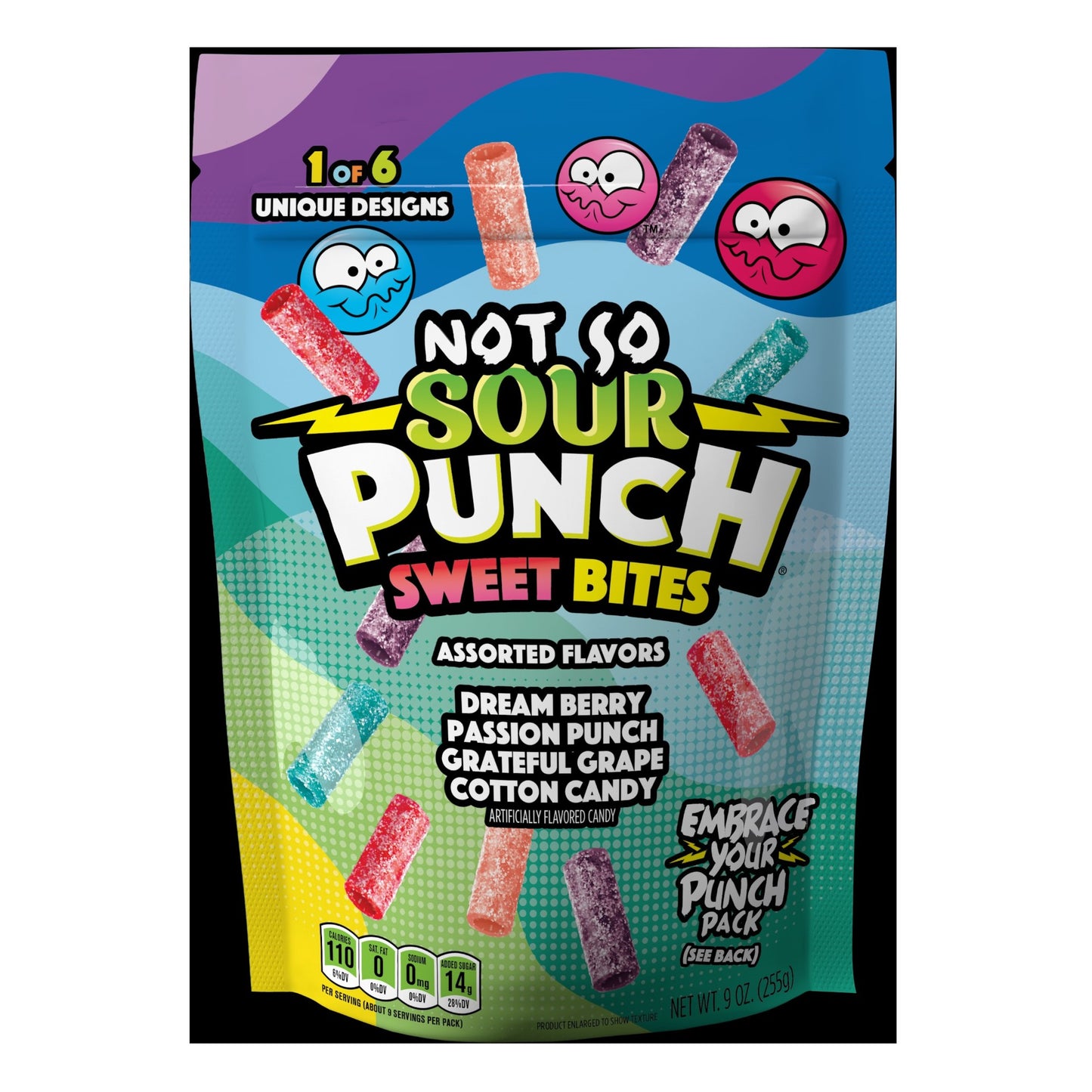 Sour Punch Sweet Bites Assorted Flavors Dream Berry Passion Punch Grateful Grape Cot 9 Ounce Size - 12 Per Case.